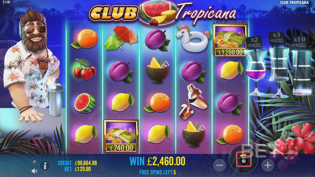 Consigue los símbolos de dinero en las tiradas gratis de la tragaperras Club Tropicana.
