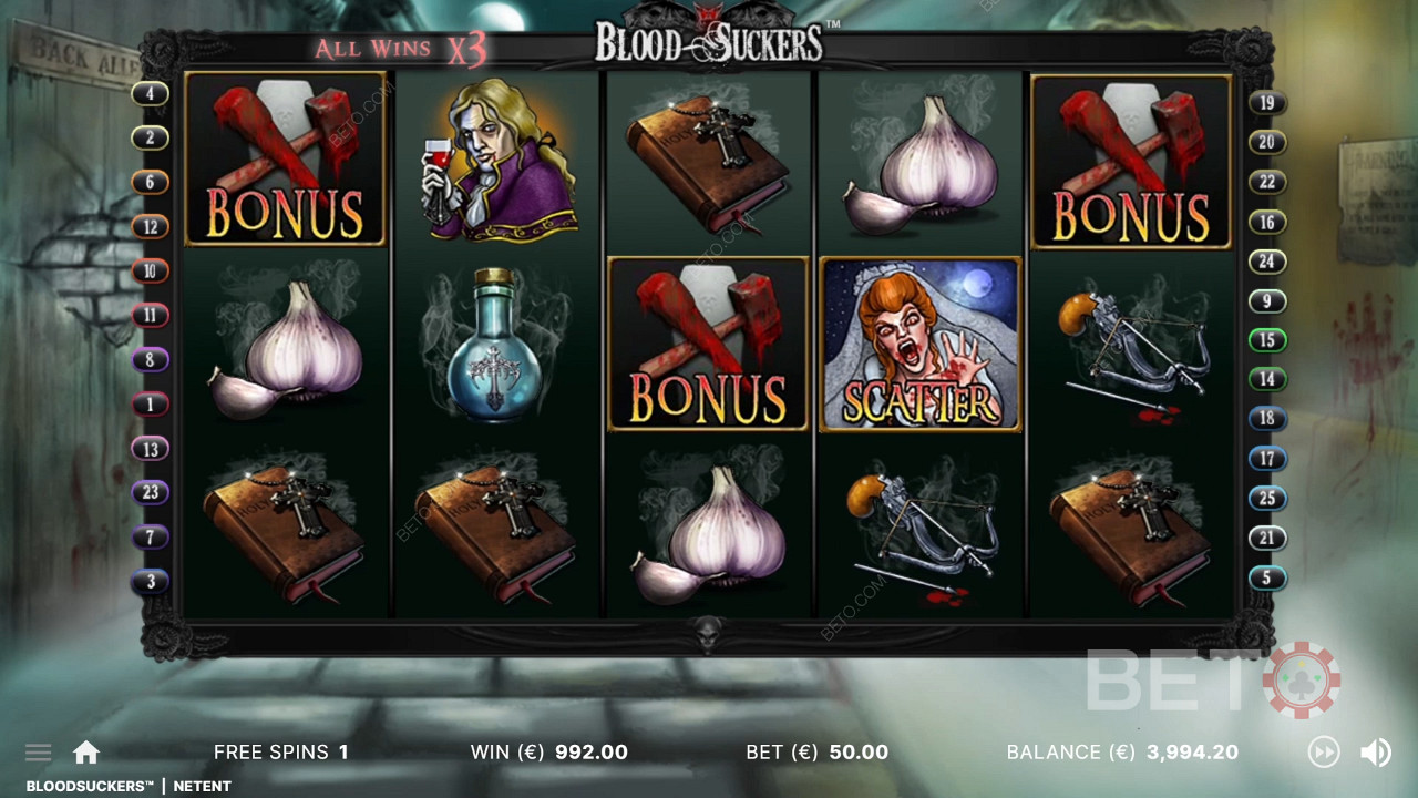 3 símbolos de bonificación en las posiciones correctas activan el juego de bonificación en la tragaperras Blood Suckers.