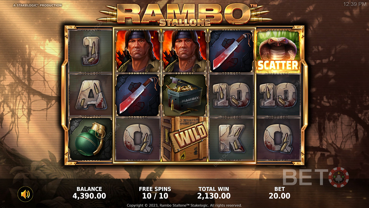 Disfruta de increíbles funciones de bonificación y de un tema excepcional en la tragaperras online Rambo