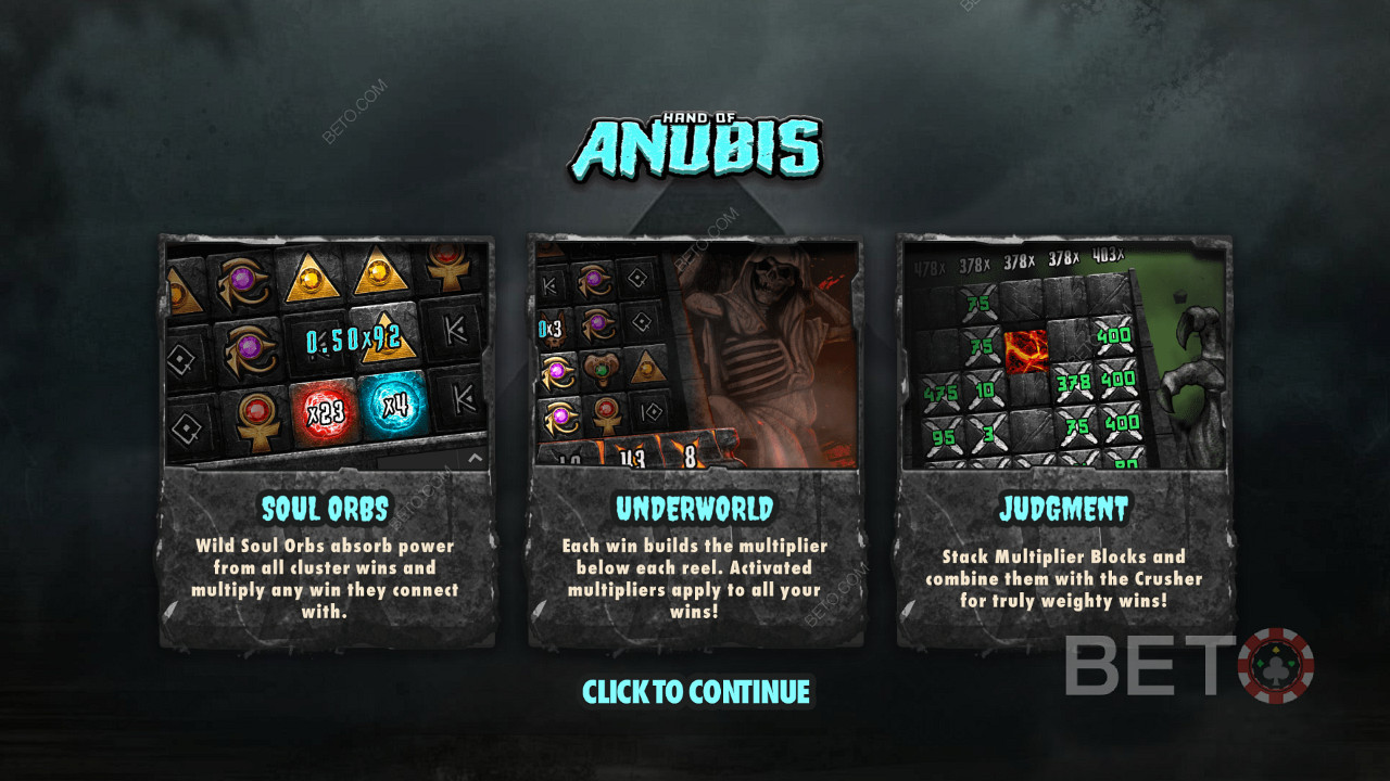 Disfruta de 3 funciones excepcionales en la tragaperras online Hand of Anubis