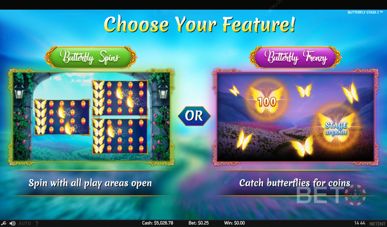 Seleccione entre dos increíbles juegos de características: modo de giro o de captura de mariposas