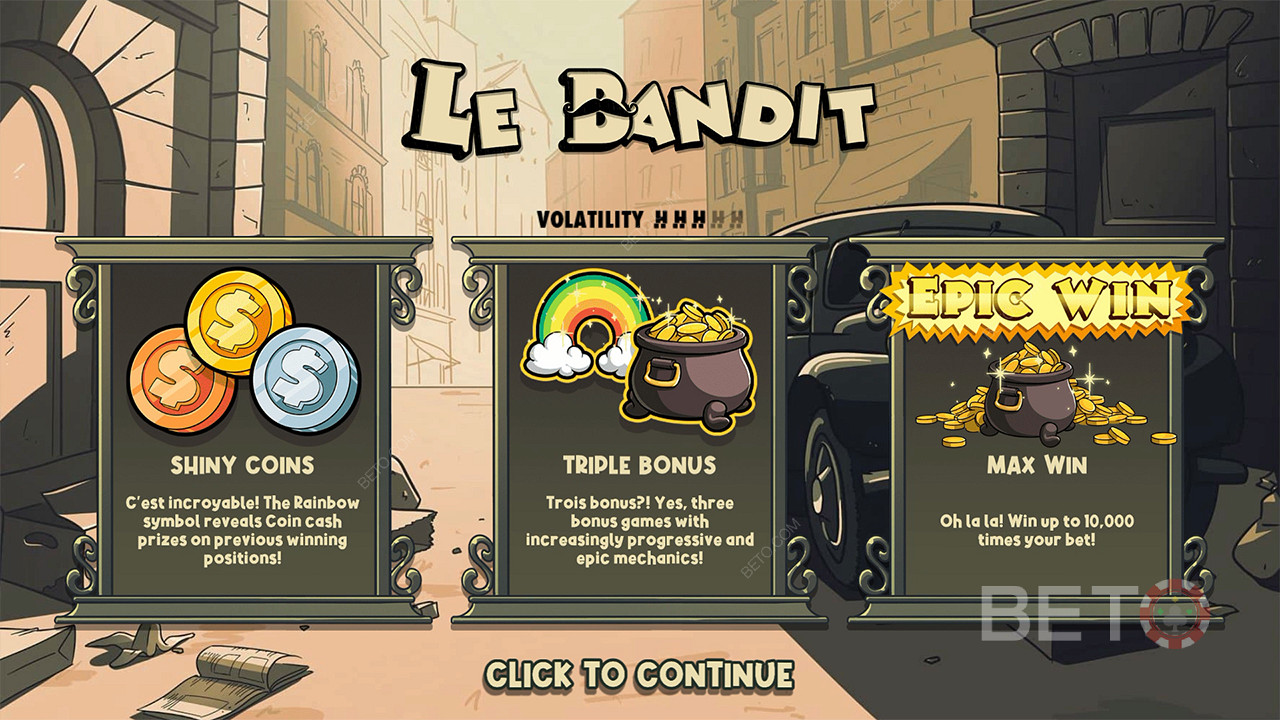 Tres bonificaciones y premios en metálico te ayudarán a ganar 10.000x de tu apuesta en la tragaperras Le Bandit
