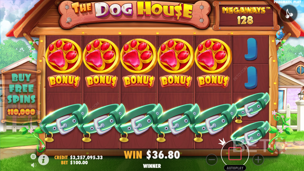 Una interfaz de juego detallada de la tragaperras de casinos The Dog House Megaways