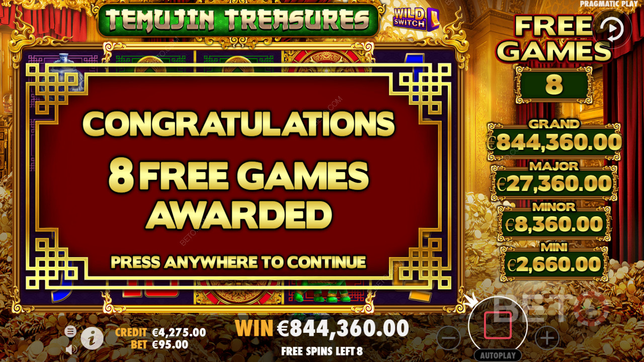 Las funciones de bonificación como la Rueda de la Suerte pueden hacerte ganar tiradas gratis en Temujin Treasures