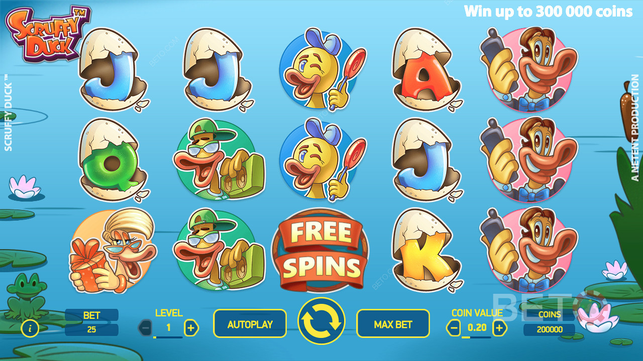 Scruffy Duck te ofrece 5 funciones distintas de giros gratis