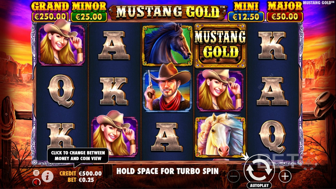 El símbolo Wild es el logotipo del juego en Mustang Gold Online Slot