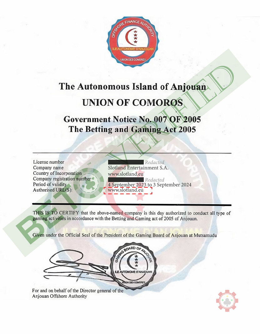 Slotland tiene licencia de la Unión de las Comoras, según ha verificado BETO