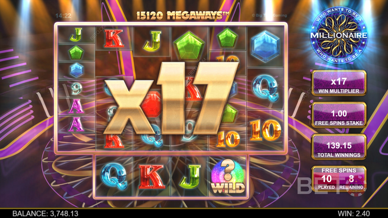 Un multiplicador se suma a tus ganancias por cada victoria en cascada en Who Wants to Be a Millionaire Megaways