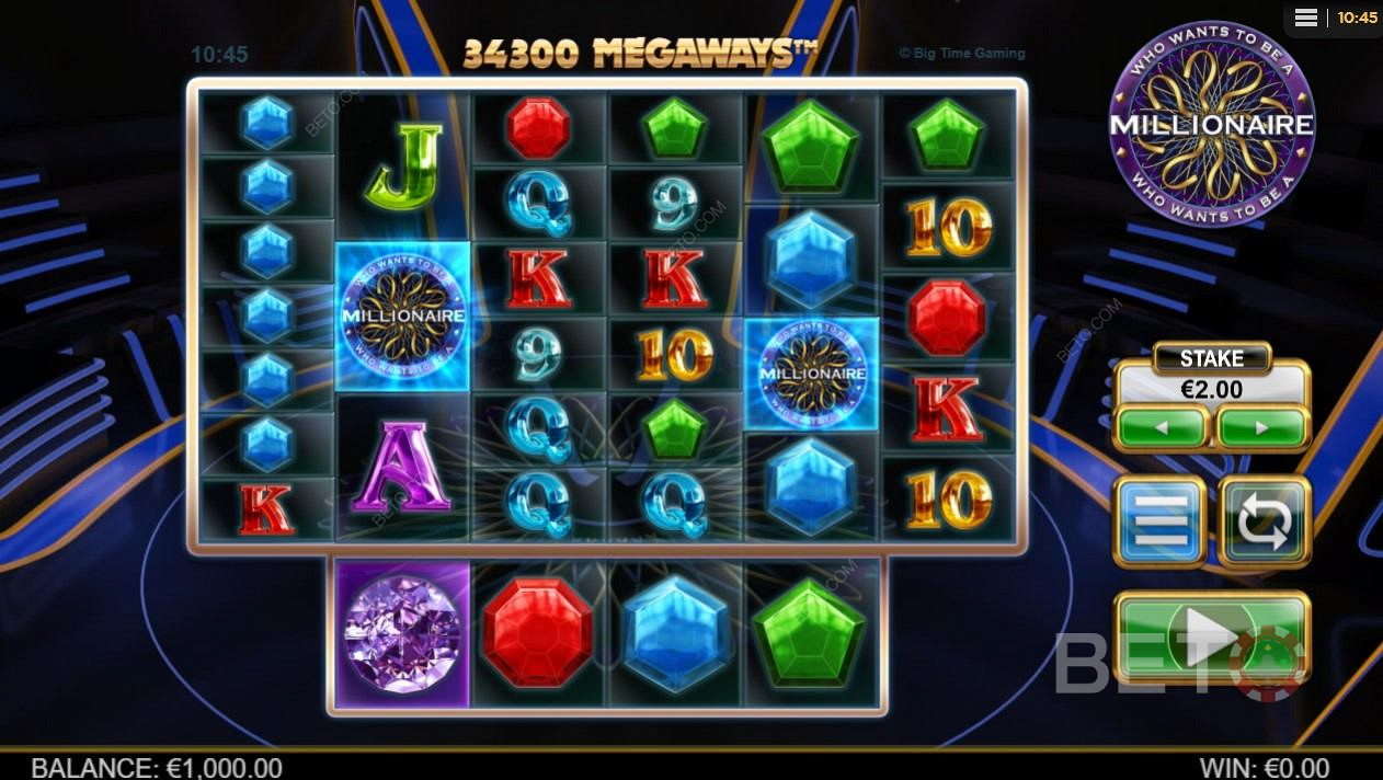 El diseño básico de la pantalla de la tragaperras Who Wants to be a Millionaire es seductor