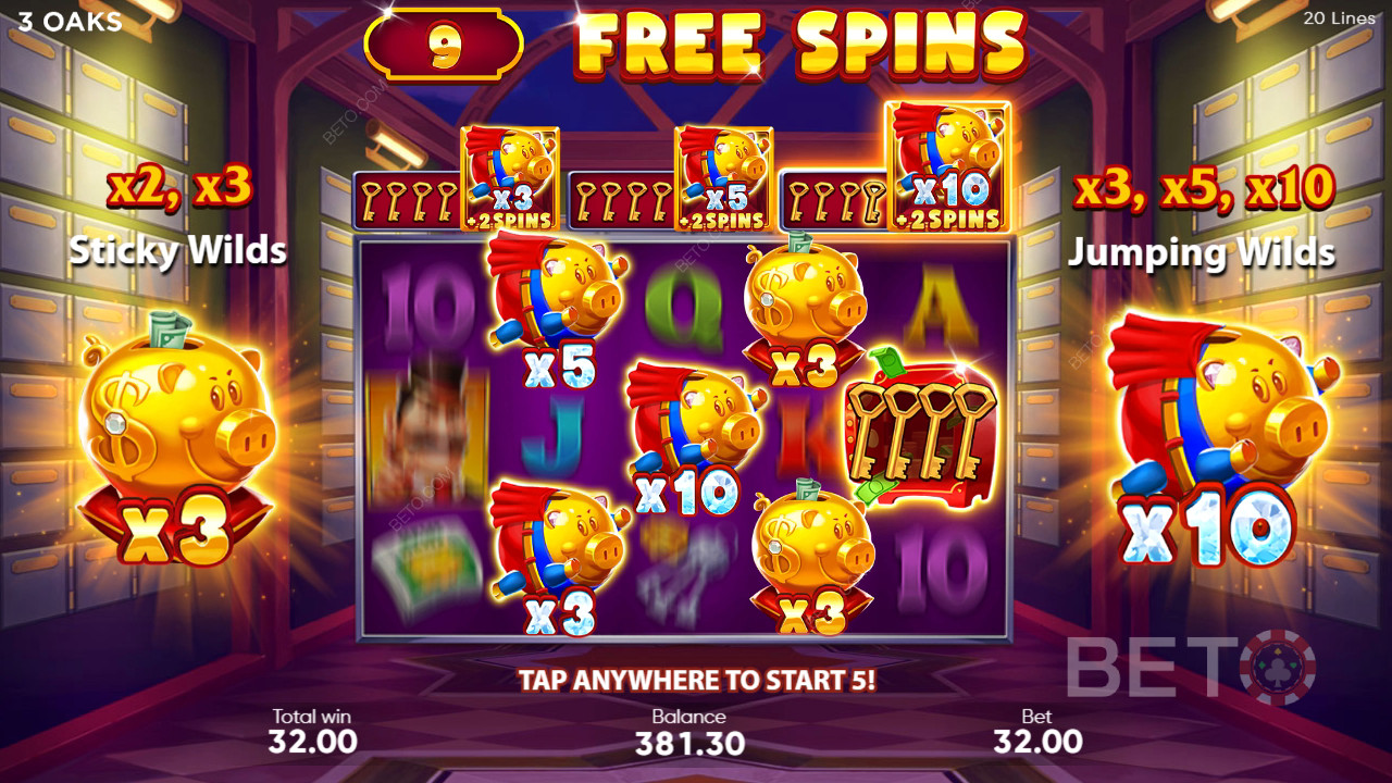 Explicación de las bonificaciones en Super Sticky Piggy de 3 Oaks Gaming