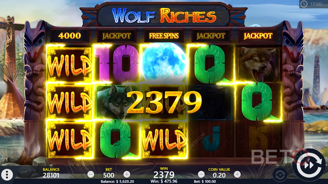 Tiradas gratuitas y victoria del comodín en la tragaperras online Wolf Riches