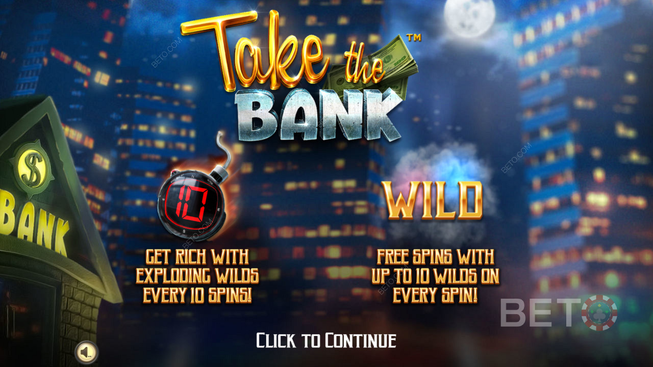 Pantalla de introducción de Take The Bank - Get Rich con Wilds explosivos