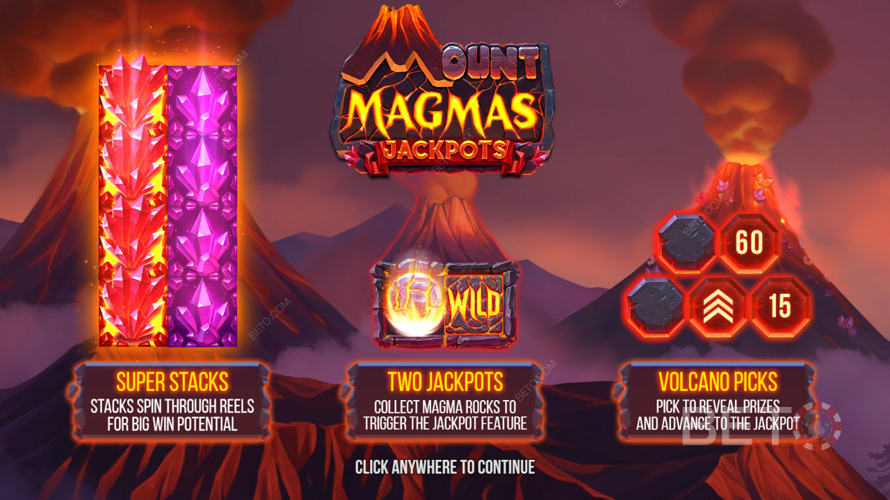 Disfruta de Super Stacks, 2 jackpots y la función Volcano Bonus en la tragaperras Mount Magmas