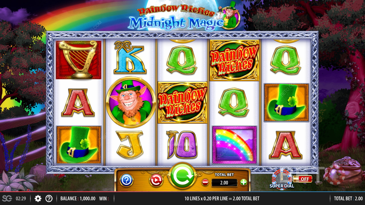 Parrilla de juego de 5x3 en Rainbow Riches Midnight Magic