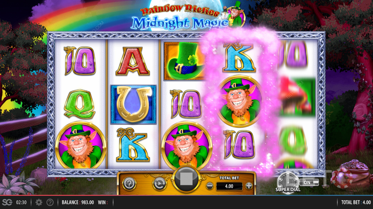 Rainbow Riches Midnight Magic de Barcrest, cuyas características incluyen una bonificación de Super Dial