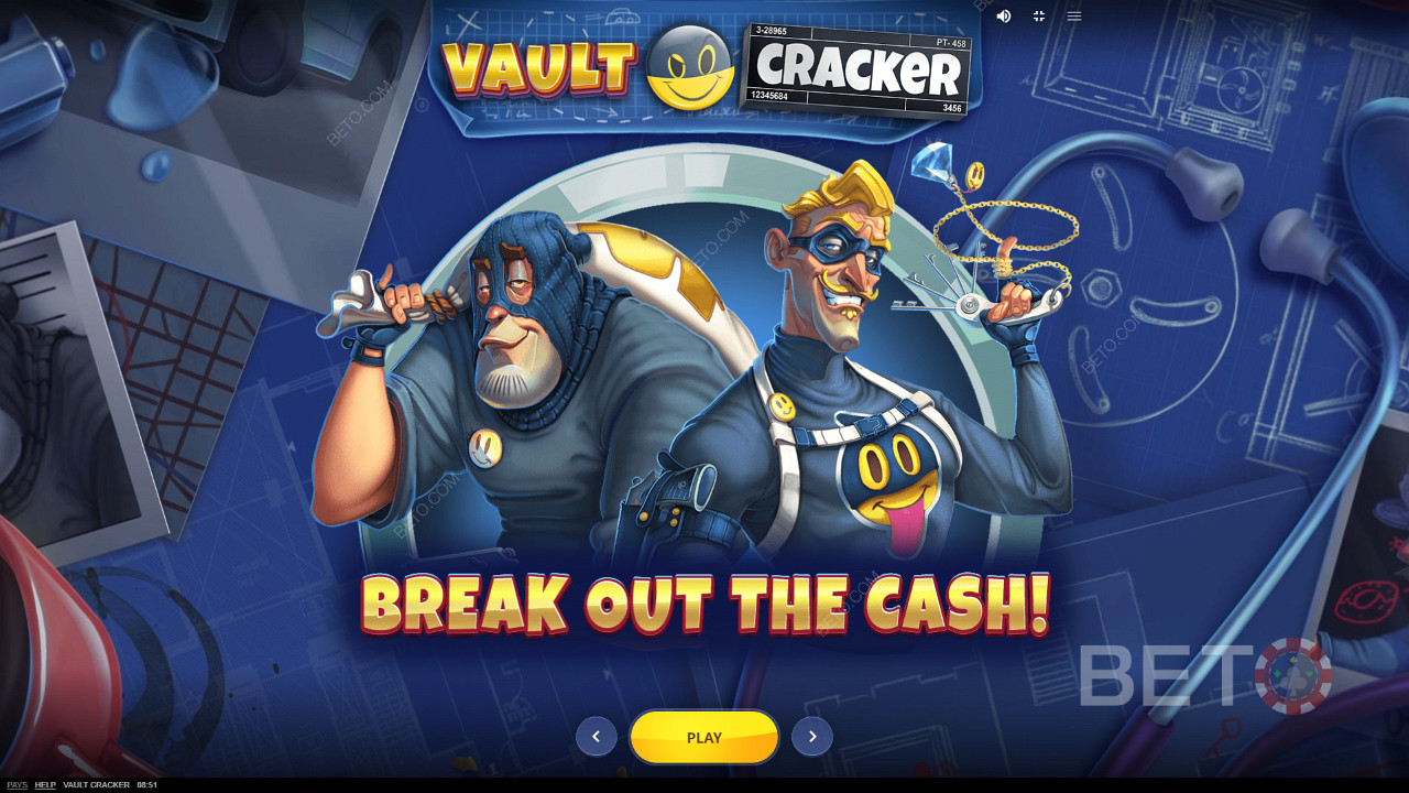 La pantalla de introducción caricaturesca de Vault Cracker