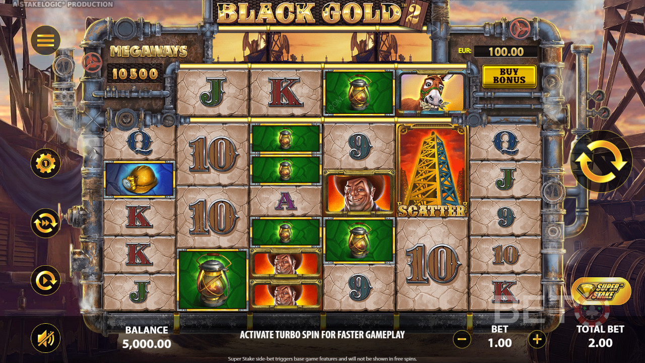 Consigue 3 o más símbolos idénticos para ganar en la tragaperras online Black Gold 2 Megaways