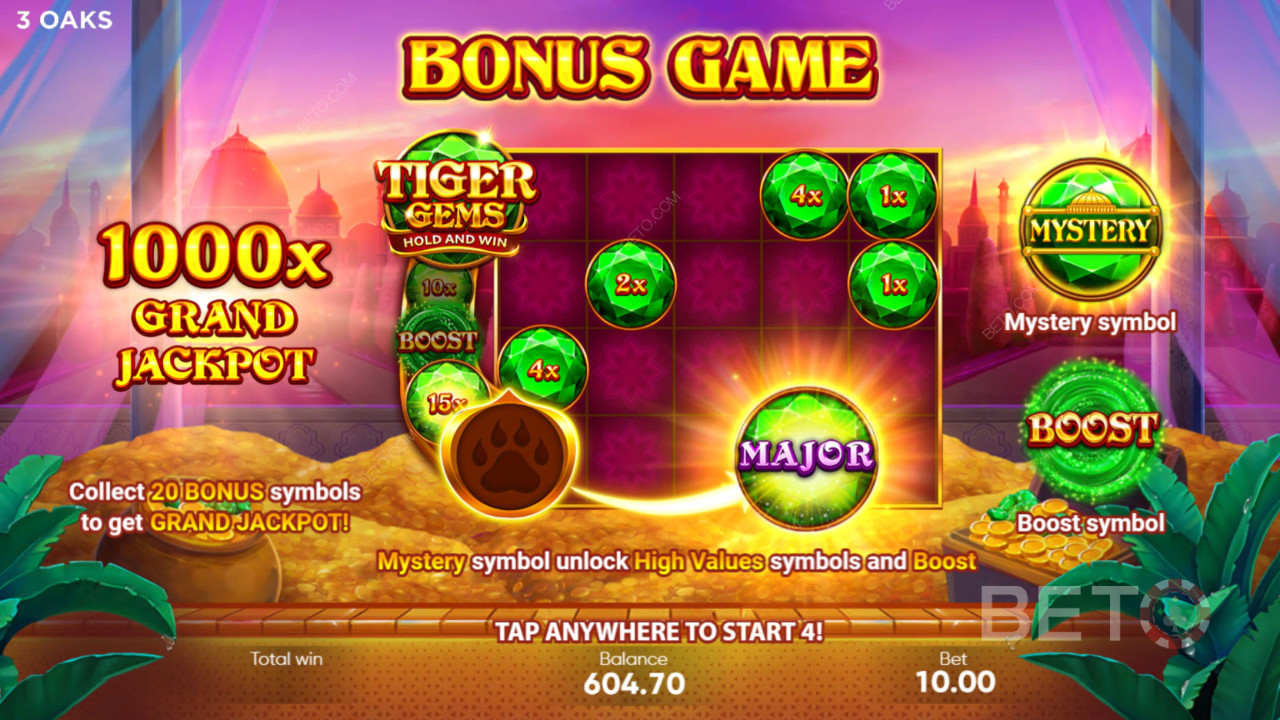Explicación de las bonificaciones en Tiger Gems de 3 Oaks Gaming