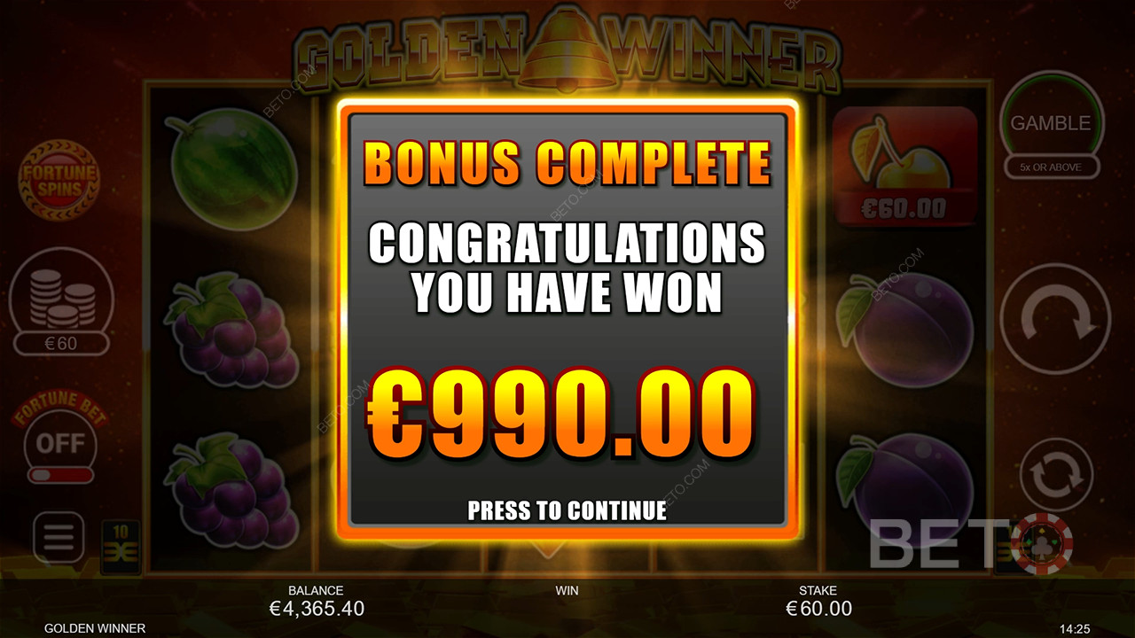 ¡Gane 2.500 veces su apuesta en la tragaperras Golden Winner!