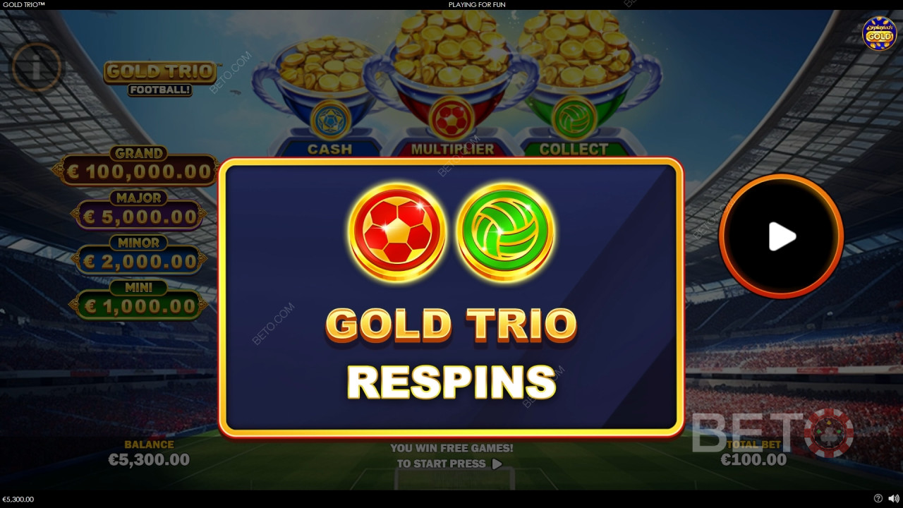 Explicación de las bonificaciones en Gold Trio: Fútbol! de Playtech