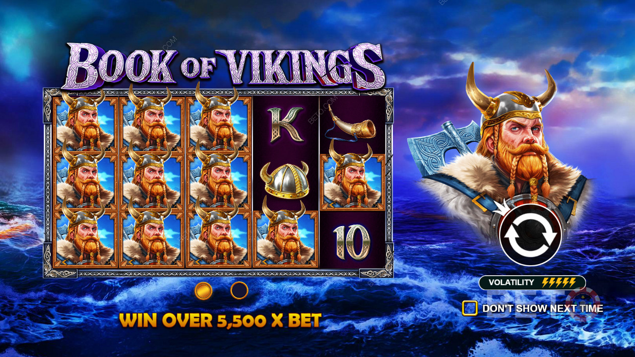 Gane premios por valor de hasta 5.500 veces la apuesta en la muy volátil tragaperras Book of Vikings