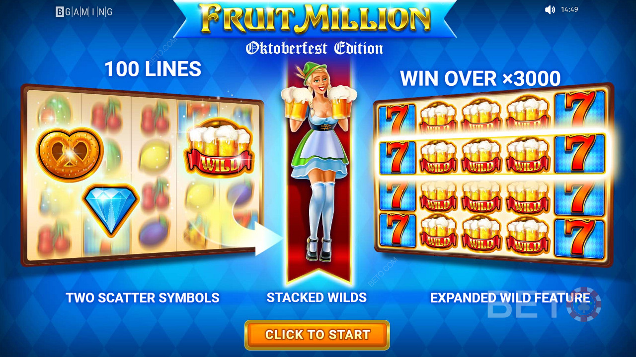 Juegue en una tragaperras de 100 líneas y gane hasta 3000 veces su apuesta en Fruit Million