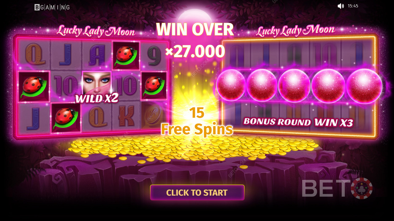 Sigue jugando para ganar premios, por valor de hasta 27.000 veces la apuesta en la tragaperras Lucky Lady Moon