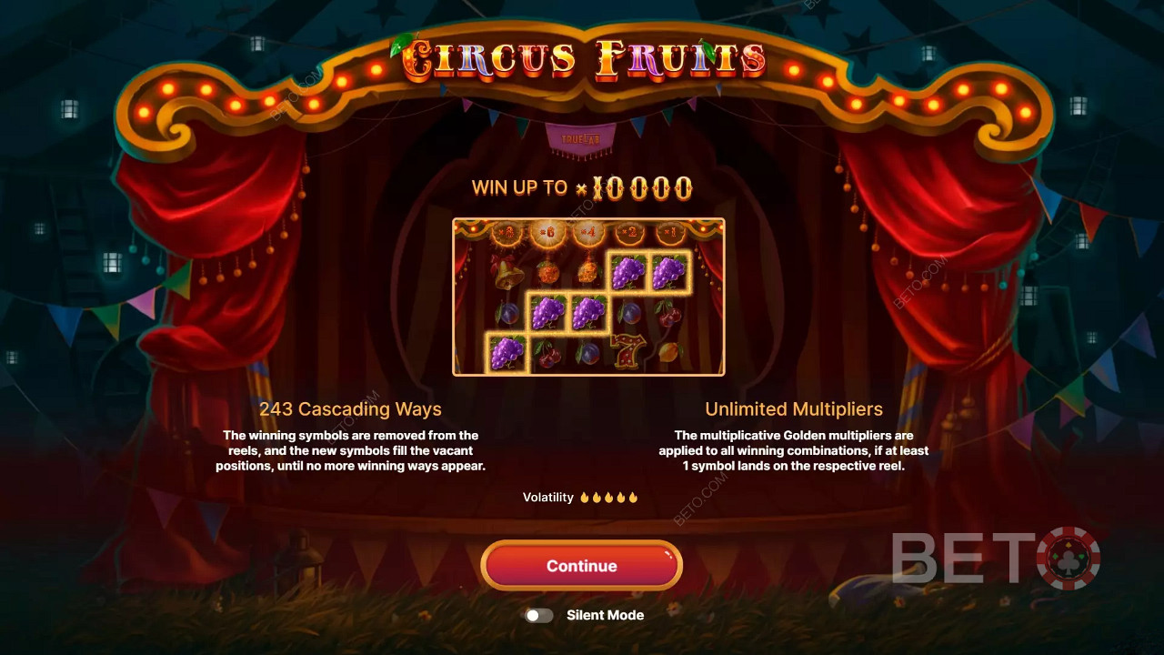 Pantalla de introducción inspirada en el tema de Circus Fruits