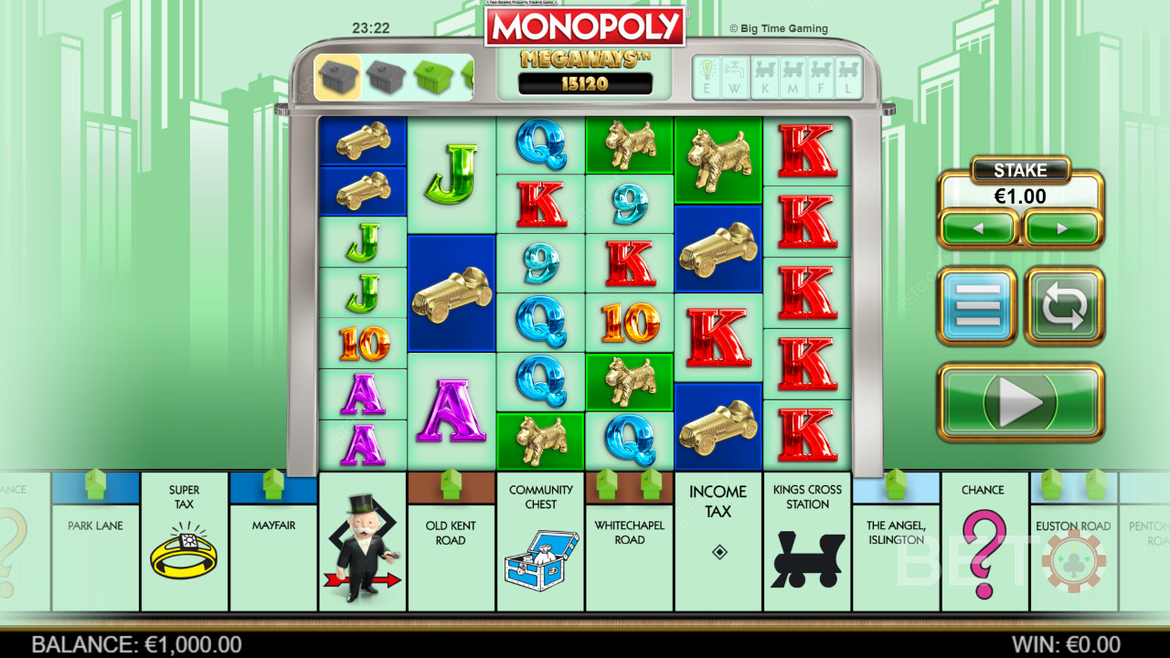 Parrilla de juego de Megaways en Monopoly Megaways