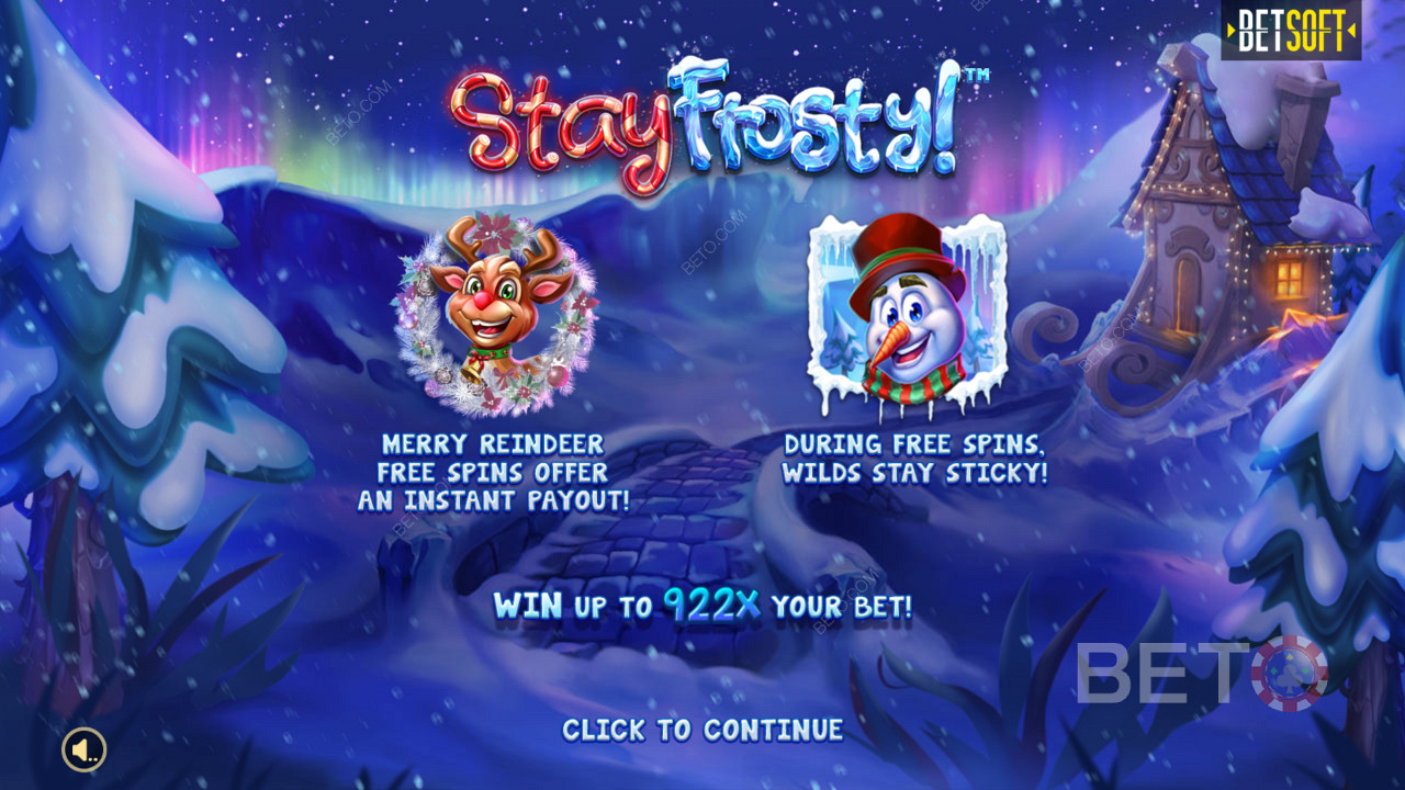 ¡La pantalla de introducción de Stay Frosty! ¡Tiradas gratuitas de Merry Reindeer y ganancia máxima de 922x su apuesta!