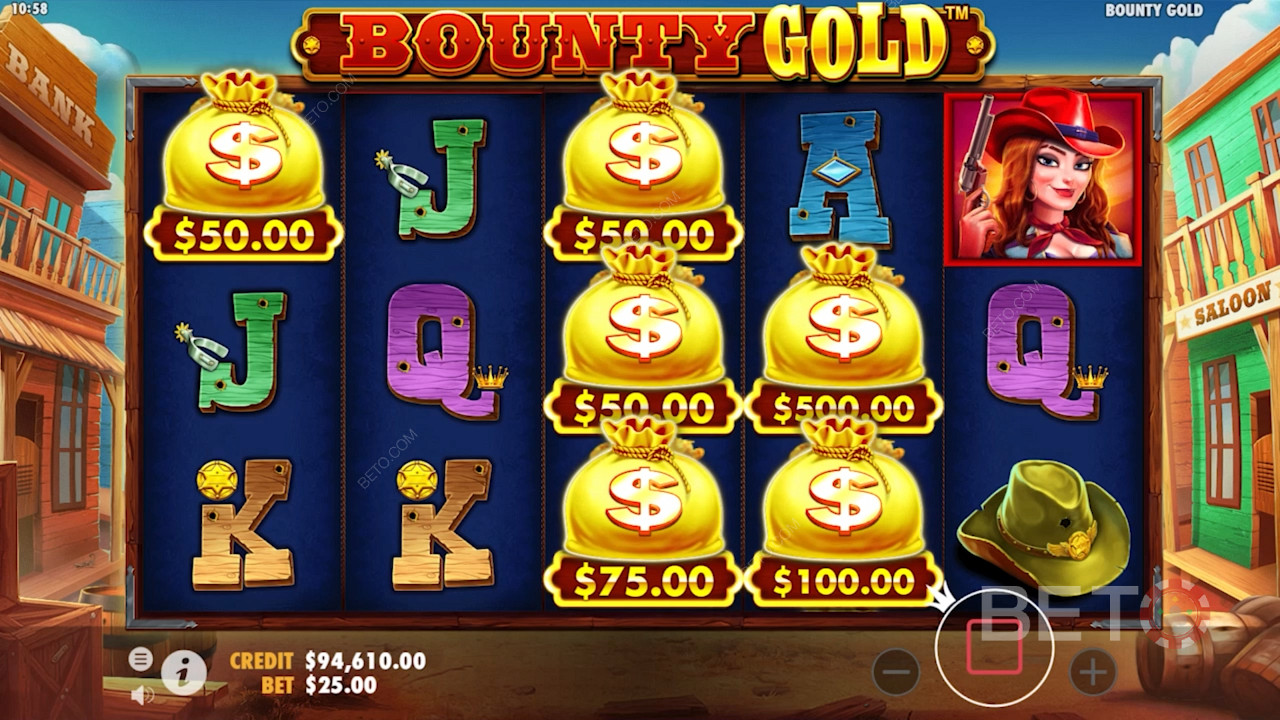 Símbolos de la bolsa de dinero en la parrilla de Bounty Gold