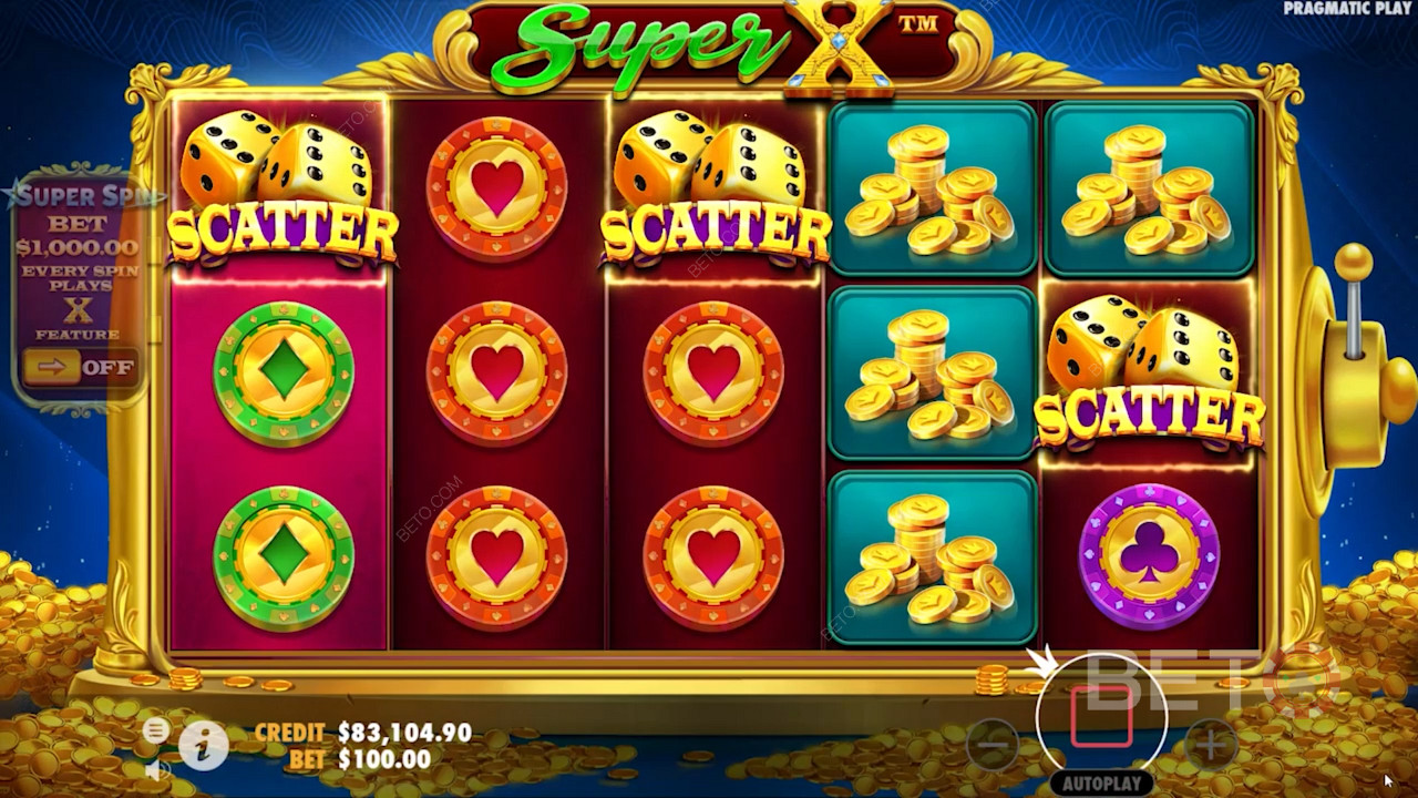 La combinación de colores dorados de Super X inspira la mayoría de los elementos del juego