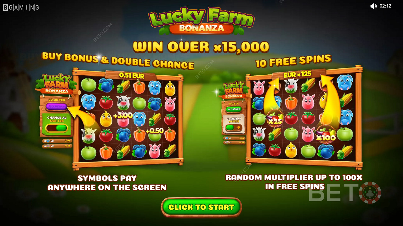 Disfruta de multiplicadores, doble oportunidad y tiradas gratis en el juego de casino Lucky Farm Bonanza