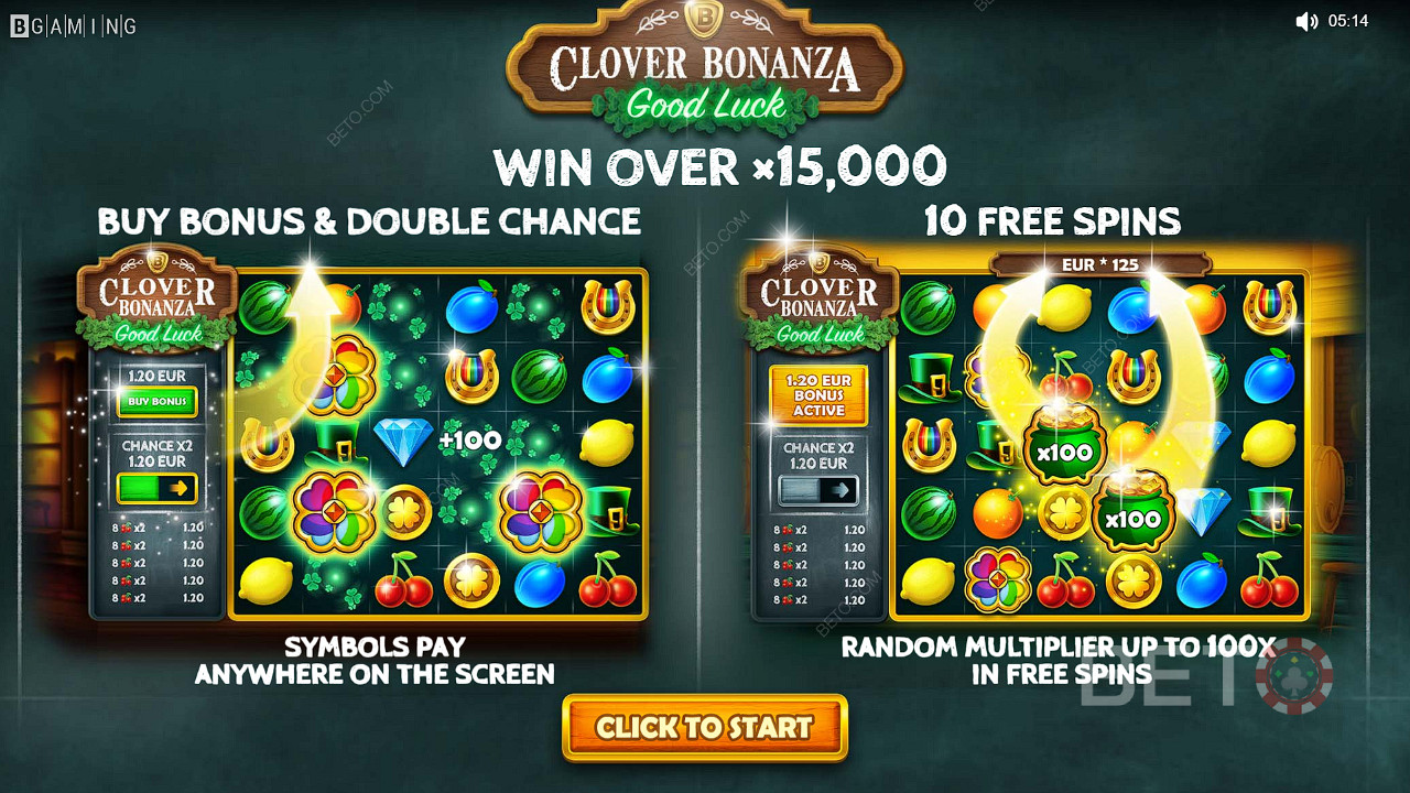 Disfruta de las funciones Buy Bonus, Double Chance y Free Spins en la tragaperras Clover Bonanza