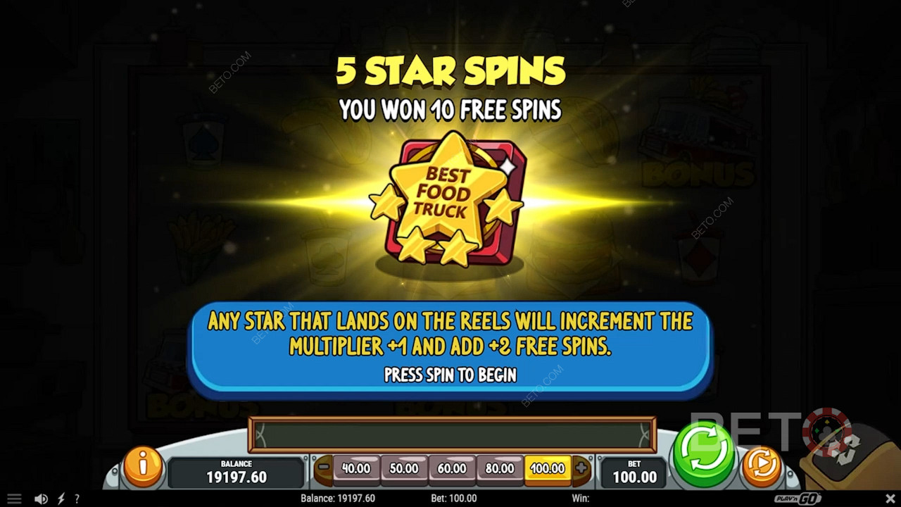 Active la función 5 Star Spins y obtenga diez Free Spins y un Win Multiplier de hasta x6.