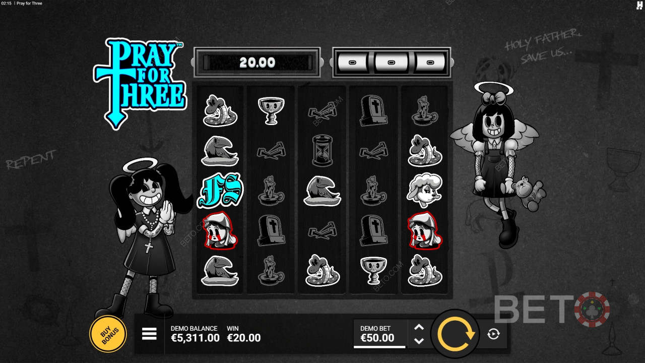 Explicación de las funciones adicionales en Pray For Three de Hacksaw Gaming
