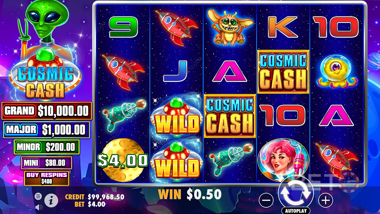 Hay muchos símbolos Wild en el juego base de la tragaperras de casino Cosmic Cash
