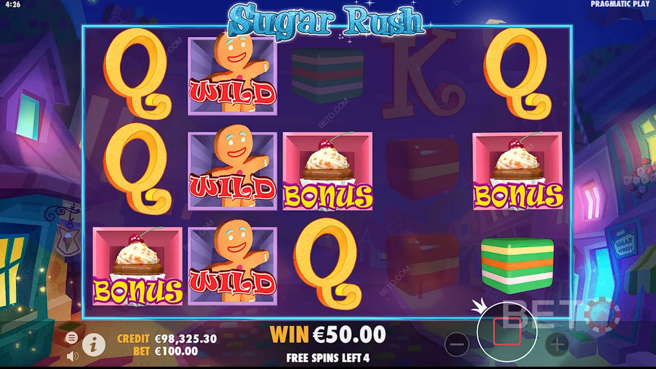 Juega a Sugar Rush y si consigues 3 o más símbolos de Cupcake activarás la Bonus Game