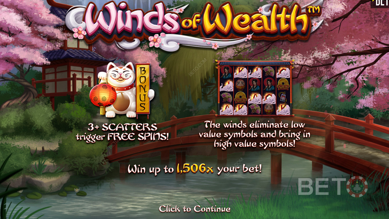 La ganancia máxima es 1.506x de tu apuesta en la tragaperras online Winds of Wealth.