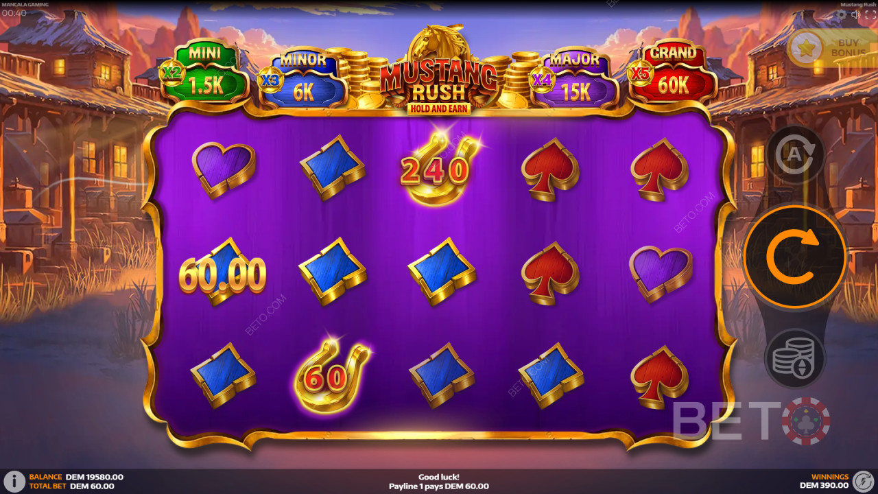 Explicación de las bonificaciones en Mustang Rush de Mancala Gaming