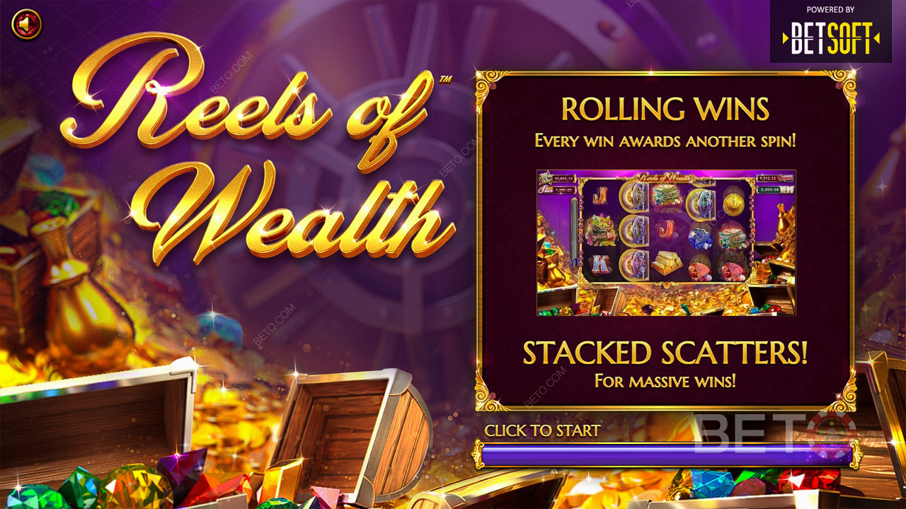 Funciones como Rolling Wins y Scatter Pays se complementan entre sí en la tragaperras Reels of Wealth.