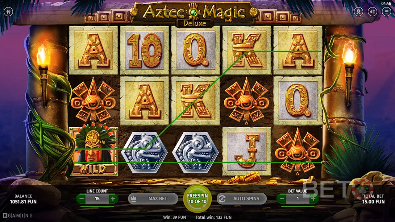 El comodín guerrero azteca te ayudará a ganar en el juego de casino Aztec Magic Deluxe.
