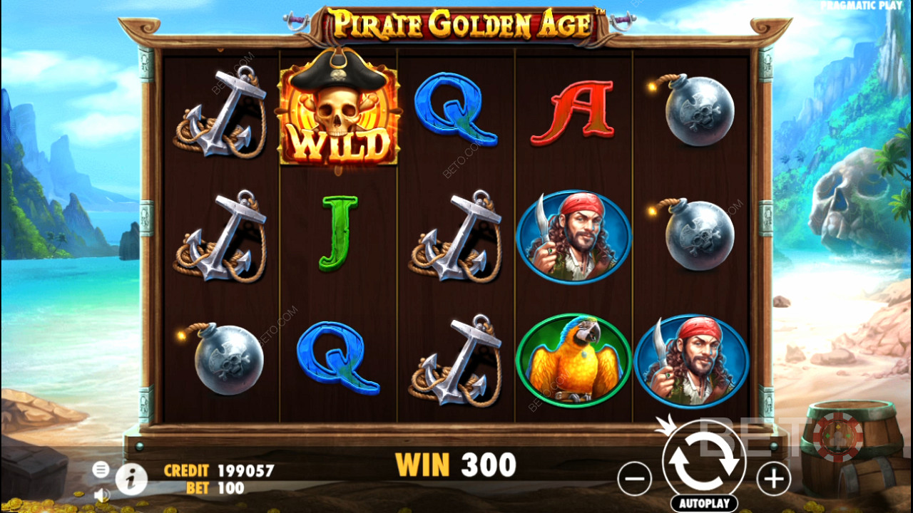 Incluso los símbolos de pago normales pueden dar grandes premios en la tragaperras Pirate Golden Age.