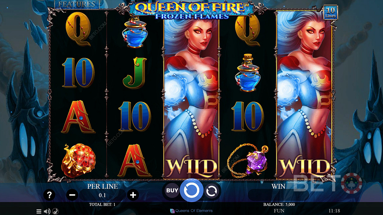 Disfruta de comodines expansivos en el juego base de la tragaperras Queen of Fire - Frozen Flames