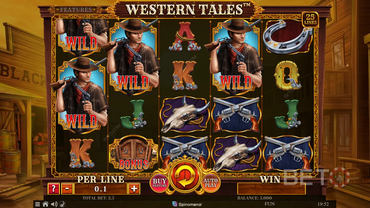 Los elegantes efectos visuales y la música del Oeste pondrán a prueba tus habilidades de tiro en la tragaperras Western Tales